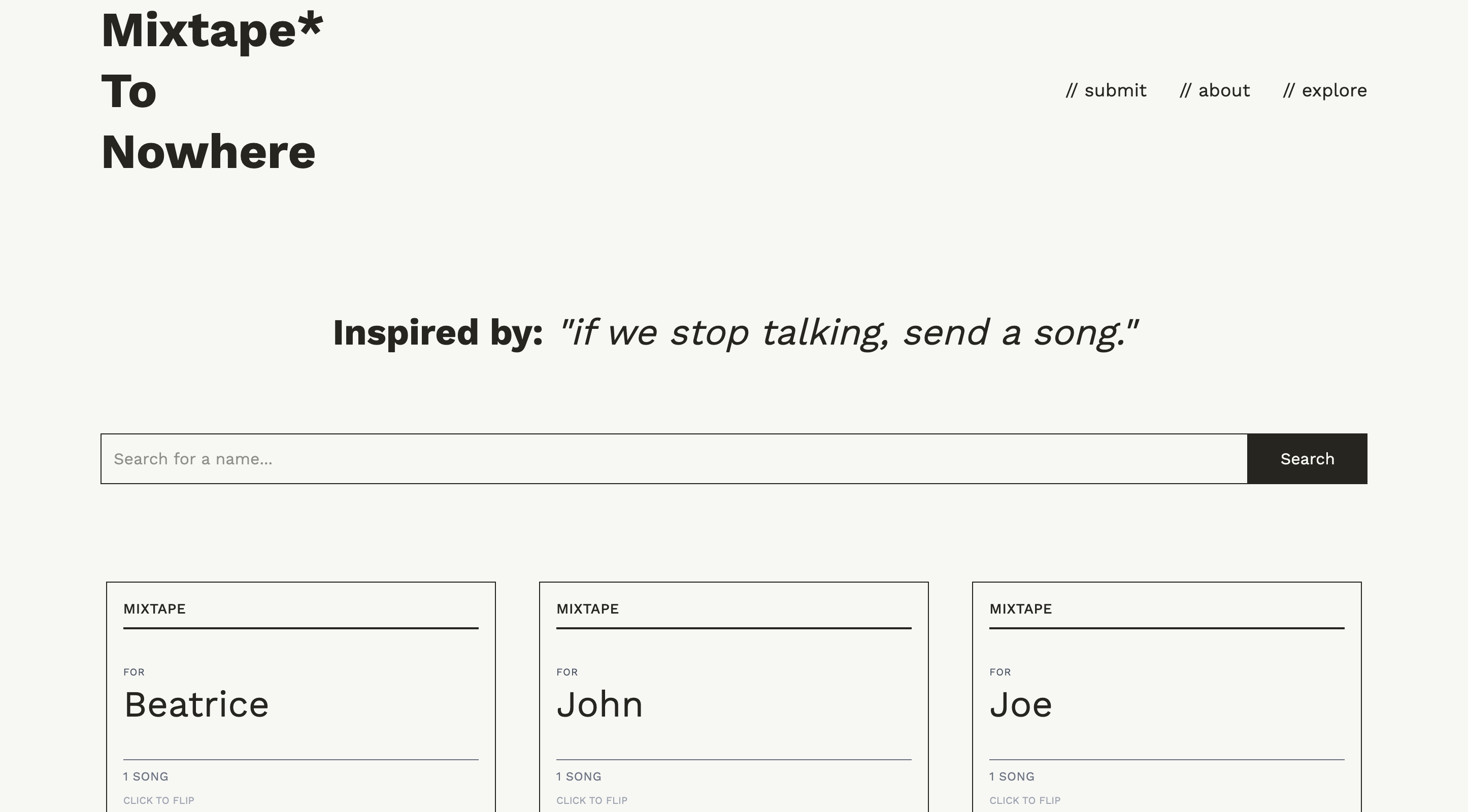 Screenshot of the Mixtape To Nowhere application interface